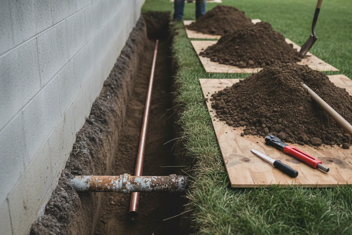 Excavated water line trench during Sewer Line Repair in Sherwood